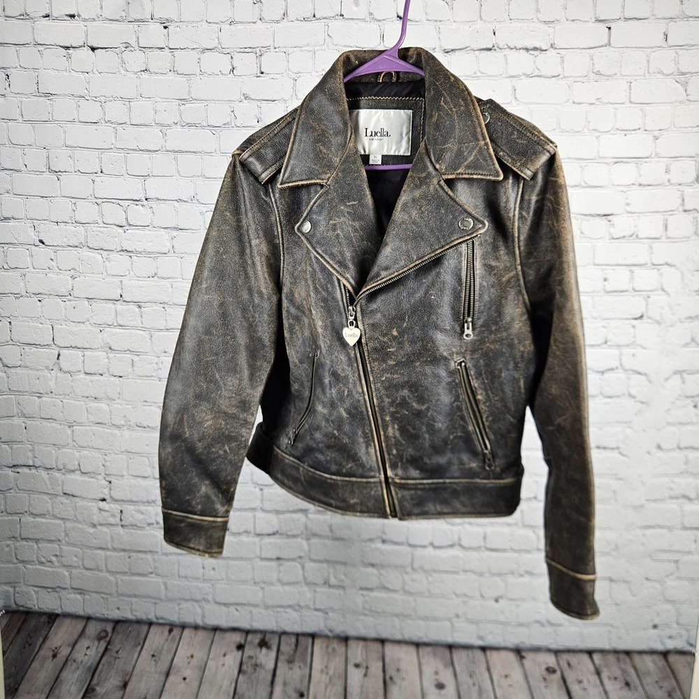 Luella for Target Distressed Leather Biker Jacket Brown Moto Quilted XL